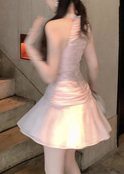 Slim Fit Pink Wrinkled Zircon Chiffon Dress Sleeveless
