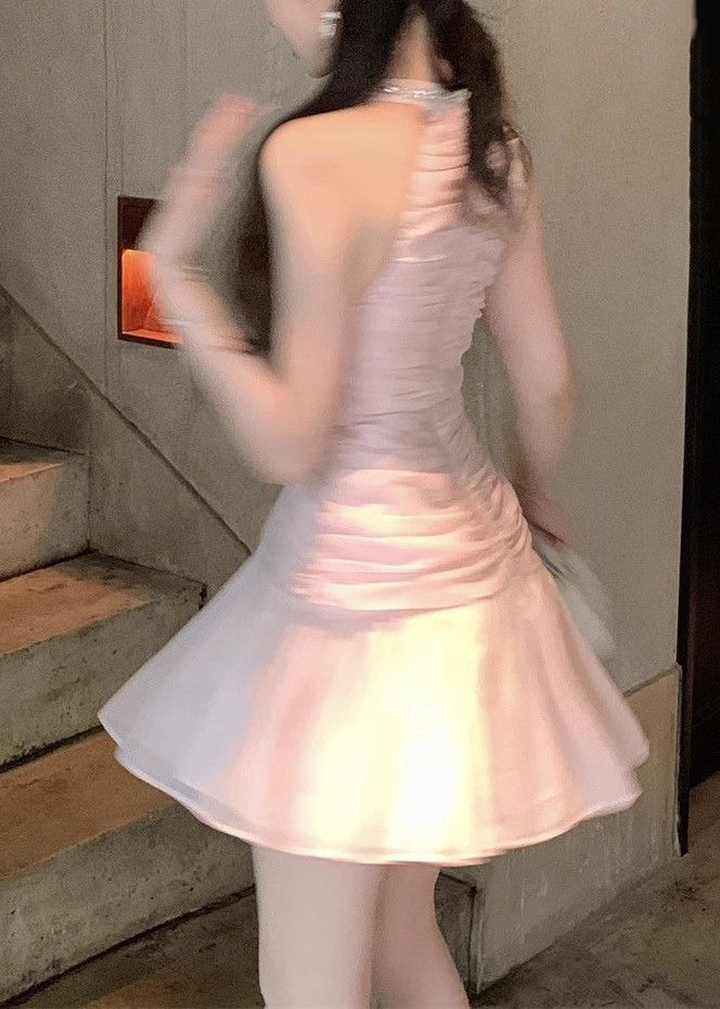 Slim Fit Pink Wrinkled Zircon Chiffon Dress Sleeveless