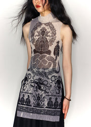 Slim Fit Print Side Open Tulle Tank Sleeveless