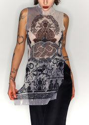 Slim Fit Print Side Open Tulle Tank Sleeveless
