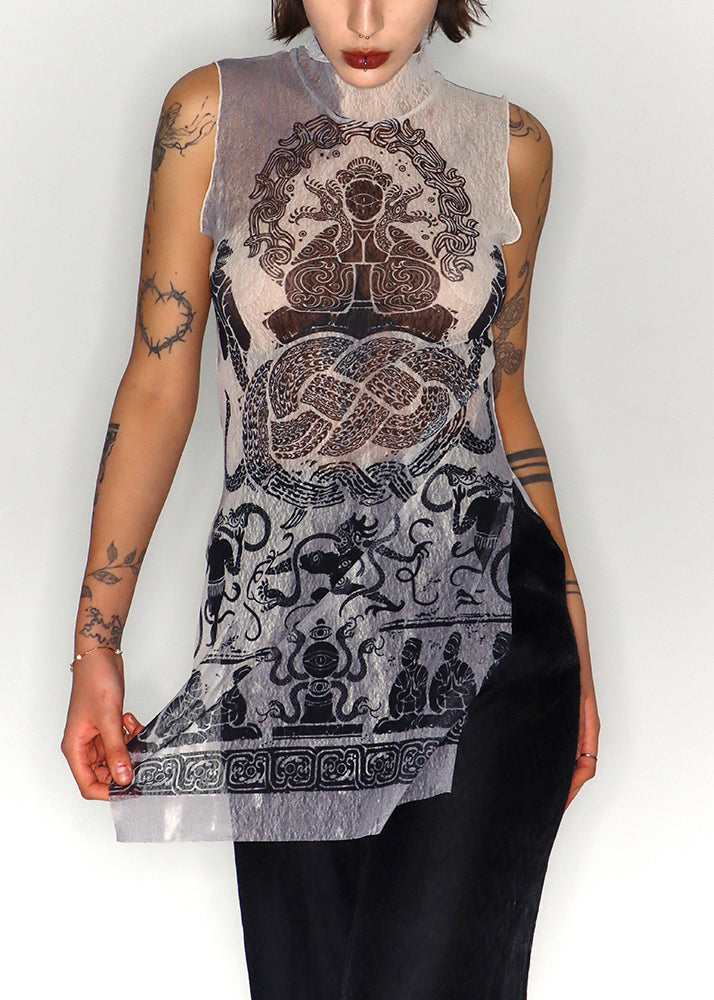 Slim Fit Print Side Open Tulle Tank Sleeveless