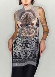 Slim Fit Print Side Open Tulle Tank Sleeveless