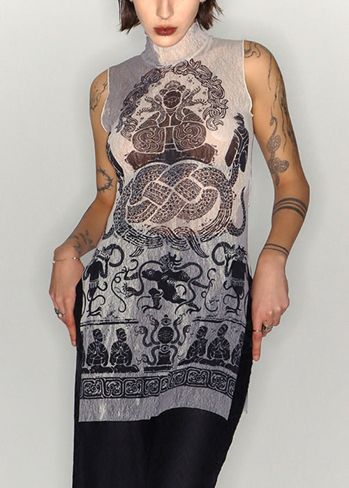 Slim Fit Print Side Open Tulle Tank Sleeveless