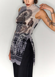 Slim Fit Print Side Open Tulle Tank Sleeveless