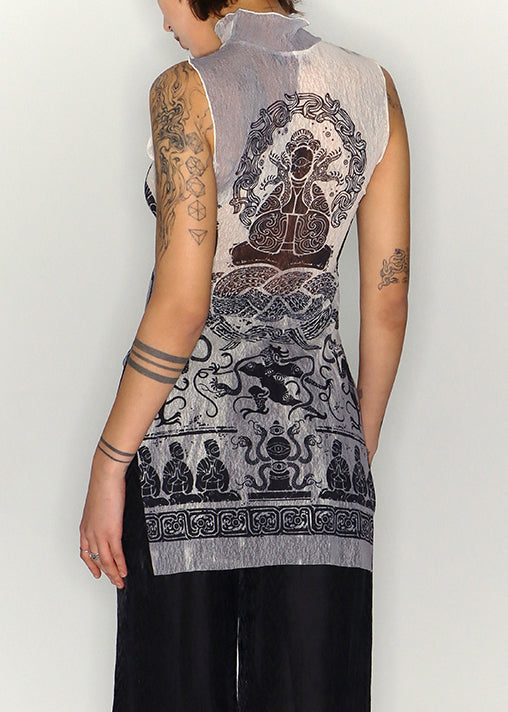 Slim Fit Print Side Open Tulle Tank Sleeveless