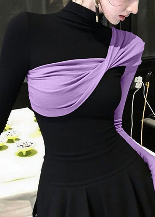 Slim Fit Purple Asymmetrical Patchwork Cotton T Shirts Fall