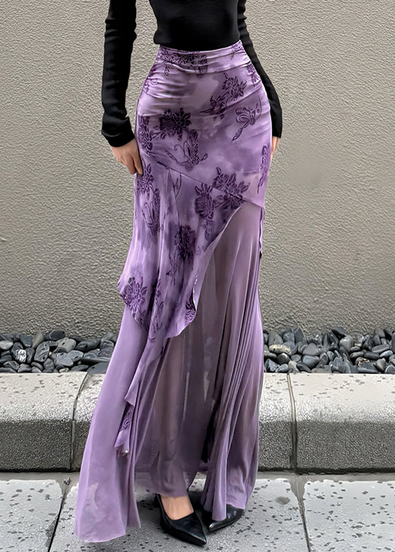 Slim Fit Purple Asymmetrical Patchwork Tulle Skirt Summer