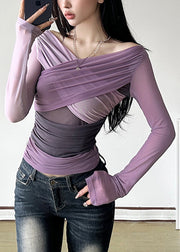 Slim Fit Purple Asymmetrical Patchwork Tulle T Shirts Spring