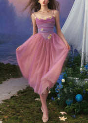 Slim Fit Purple Backless High Waist Tulle Spaghetti Strap Dress Sleeveless