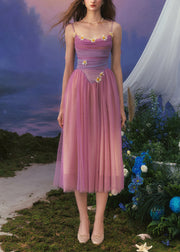 Slim Fit Purple Backless High Waist Tulle Spaghetti Strap Dress Sleeveless