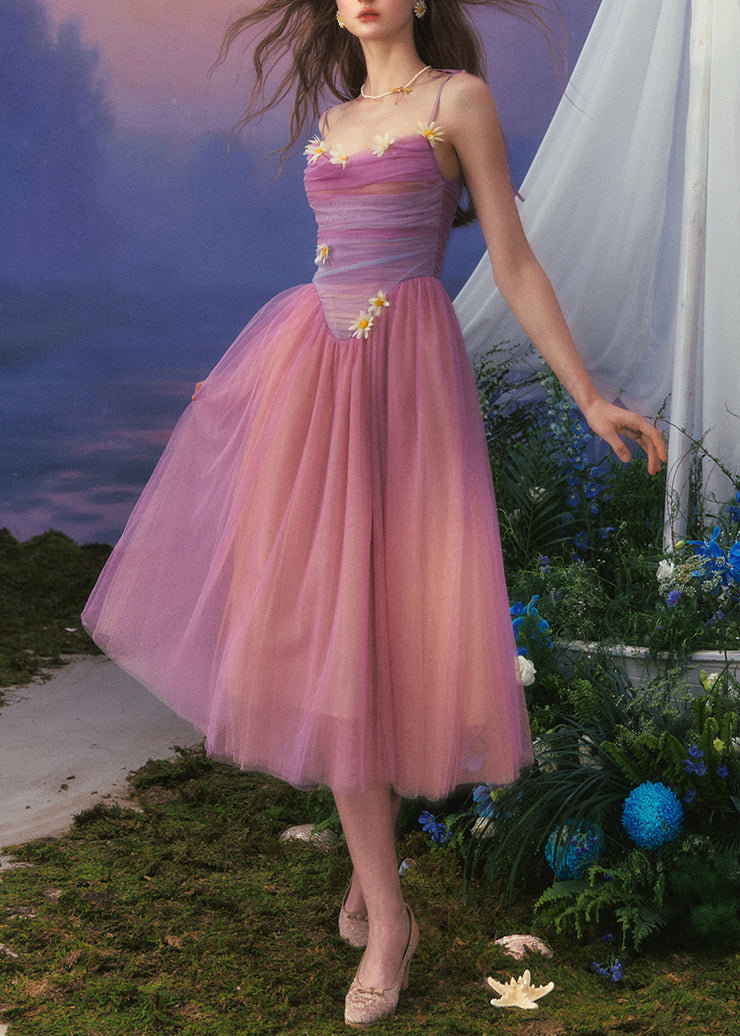 Slim Fit Purple Backless High Waist Tulle Spaghetti Strap Dress Sleeveless