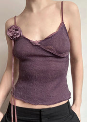 Slim Fit Purple Floral Lace Knitting Cotton Spaghetti Strap Vest Sleeveless