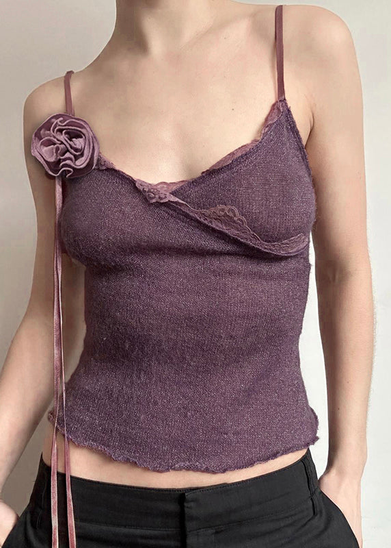 Slim Fit Purple Floral Lace Knitting Cotton Spaghetti Strap Vest Sleeveless