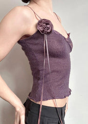 Slim Fit Purple Floral Lace Knitting Cotton Spaghetti Strap Vest Sleeveless