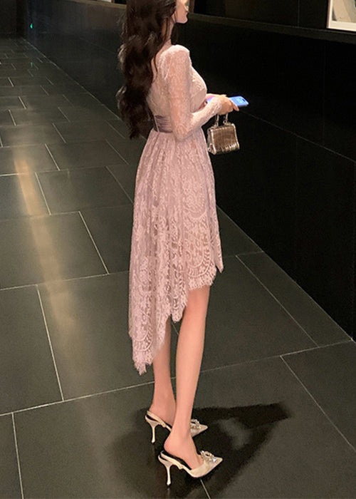 Slim Fit Purple Hollow Out Low High Design Lace Dresses Fall