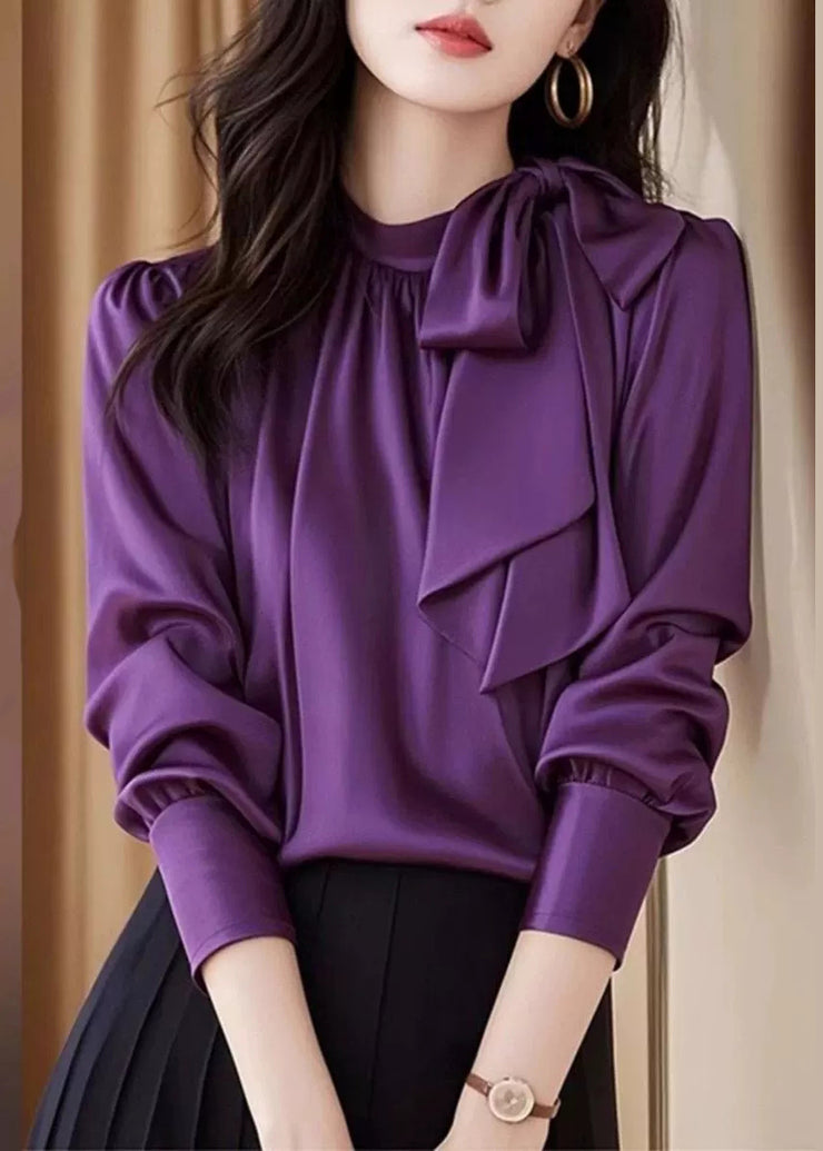 Slim Fit Purple Lace Up Solid Silk Blouses Fall