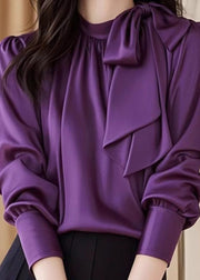 Slim Fit Purple Lace Up Solid Silk Blouses Fall