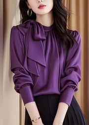 Slim Fit Purple Lace Up Solid Silk Blouses Fall