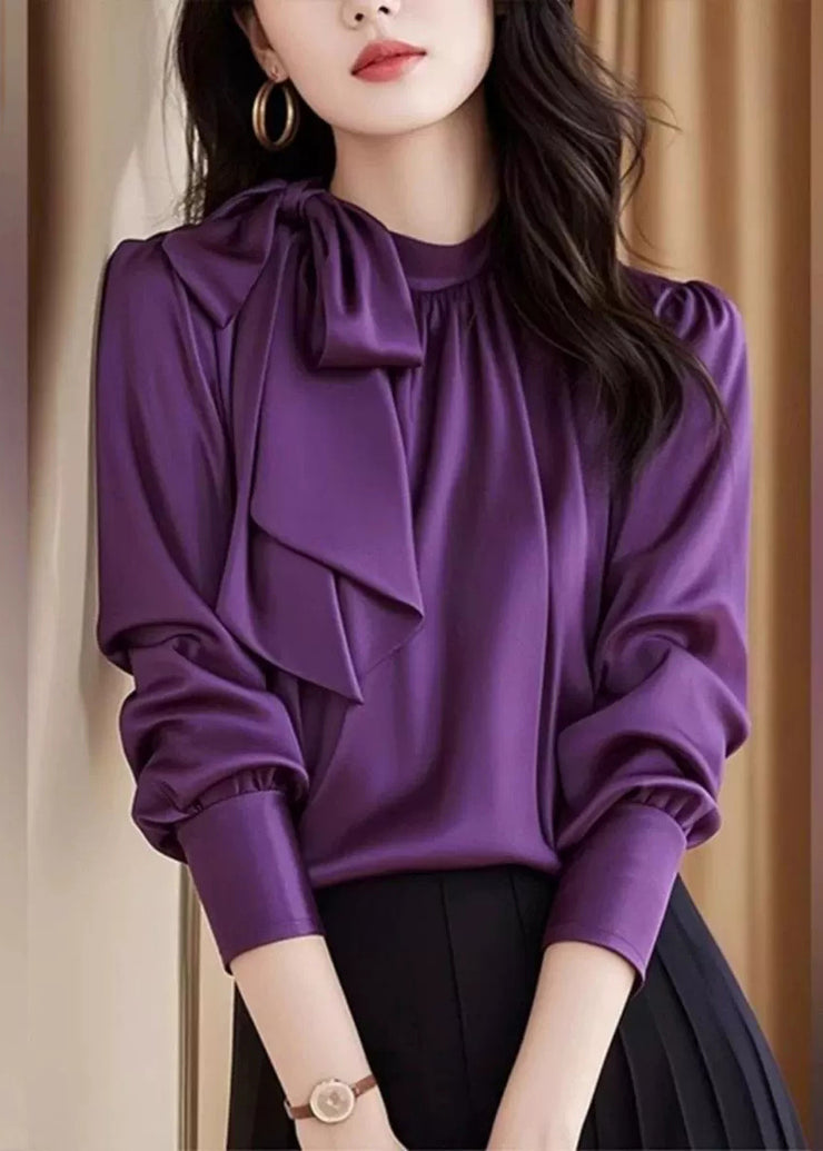 Slim Fit Purple Lace Up Solid Silk Blouses Fall