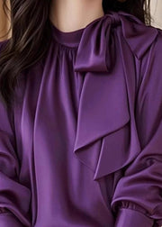 Slim Fit Purple Lace Up Solid Silk Blouses Fall