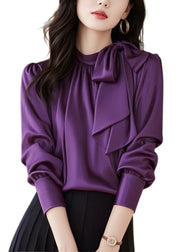 Slim Fit Purple Lace Up Solid Silk Blouses Fall