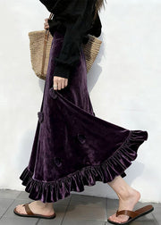 Slim Fit Purple Ruffled Floral High Waist Silk Velvet Skirt Winter