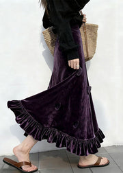 Slim Fit Purple Ruffled Floral High Waist Silk Velvet Skirt Winter