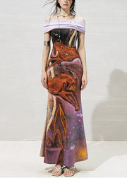 Slim Fit Purple Slash Neck Knit Patchwork Maxi Dresses Summer