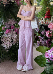 Slim Fit Purple Striped Spaghetti Strap Tank And Pants Cotton Two Pieces Set Sleeveless