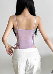 Slim Fit Purple Tie Waist Sheer Lace Bodysuits