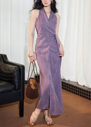 Slim Fit Purple V Neck Lace Up Cotton Long Dress Sleeveless