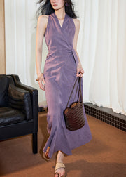 Slim Fit Purple V Neck Lace Up Cotton Long Dress Sleeveless