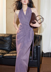 Slim Fit Purple V Neck Lace Up Cotton Long Dress Sleeveless