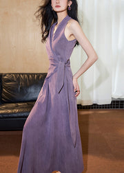 Slim Fit Purple V Neck Lace Up Cotton Long Dress Sleeveless