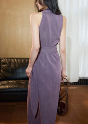 Slim Fit Purple V Neck Lace Up Cotton Long Dress Sleeveless