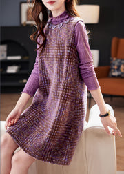 Slim Fit Purple Zircon Pockets Tank Dress And T Shirt Cotton Two Pieces Set Winter