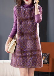 Slim Fit Purple Zircon Pockets Tank Dress And T Shirt Cotton Two Pieces Set Winter