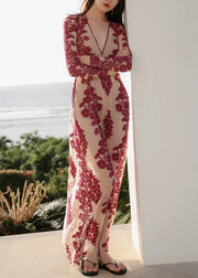 Slim Fit Red Embroidered High Waist Tulle Maxi Dresses Spring