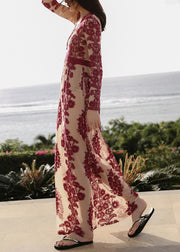 Slim Fit Red Embroidered High Waist Tulle Maxi Dresses Spring