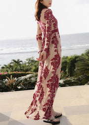 Slim Fit Red Embroidered High Waist Tulle Maxi Dresses Spring