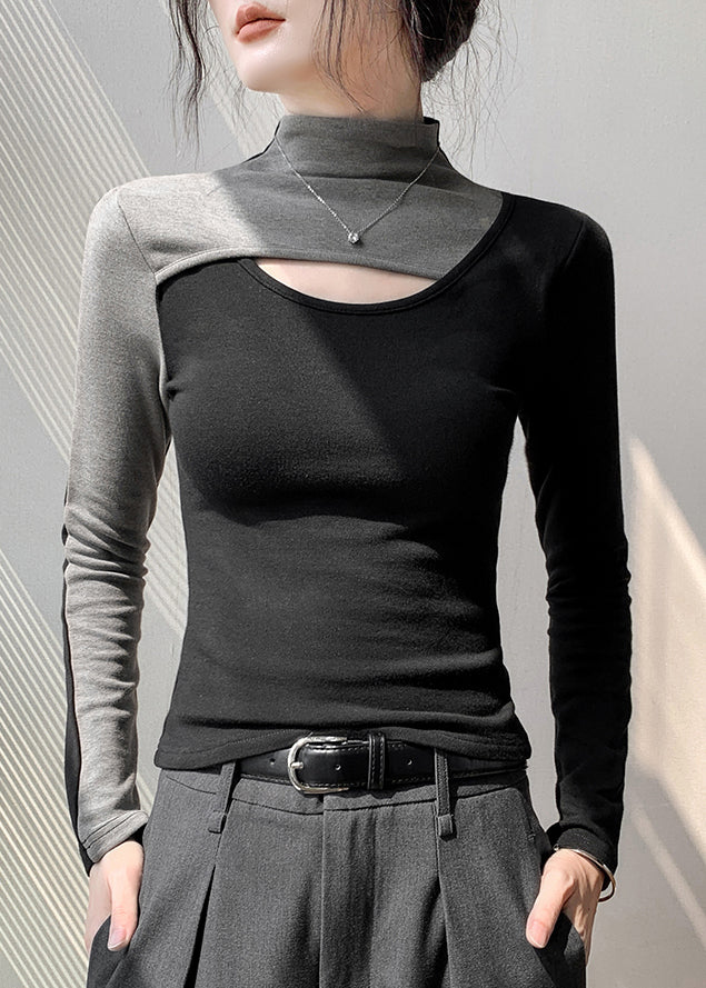 Slim Fit Red Hign Neck Hollow Out Patchwork Cotton T Shirt Top Fall