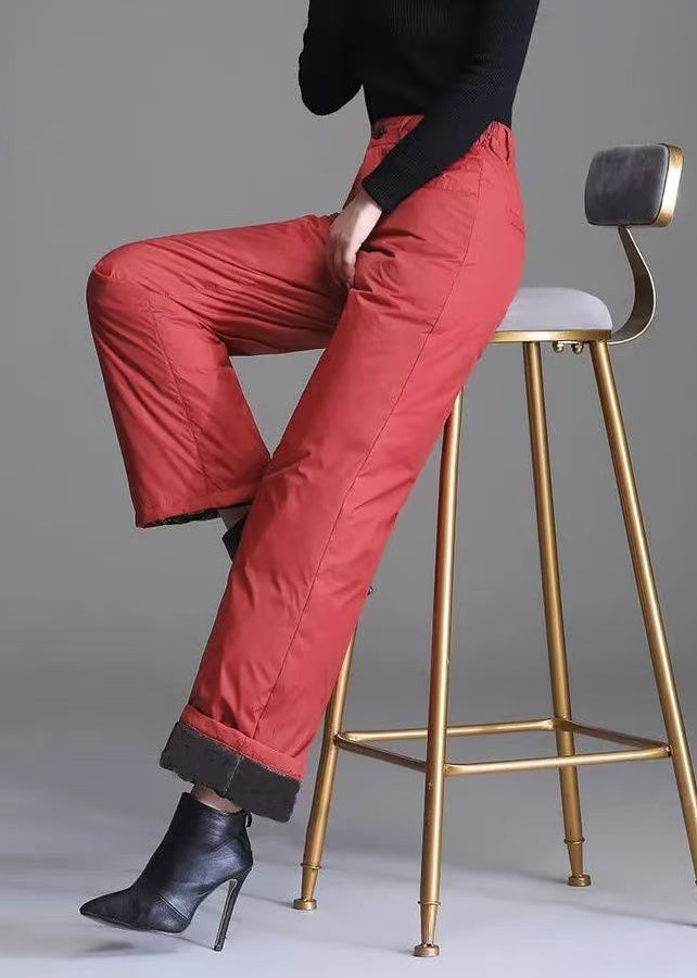 Slim Fit Red Pockets Solid Fine Cotton Filled Straight Pants Winter
