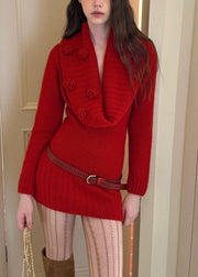 Slim Fit Red Solid Floral Sashes Cotton Knit Mid Sweater Dress Fall