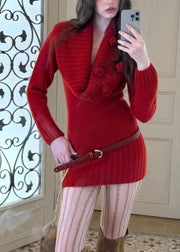 Slim Fit Red Solid Floral Sashes Cotton Knit Mid Sweater Dress Fall