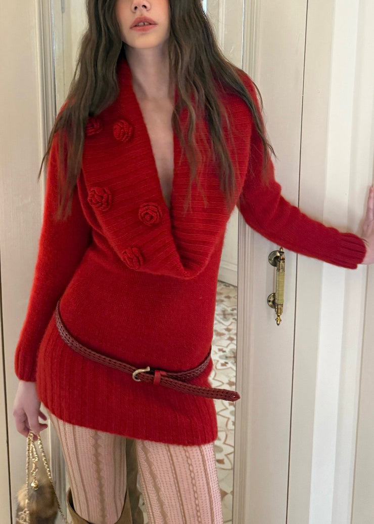Slim Fit Red Solid Floral Sashes Cotton Knit Mid Sweater Dress Fall