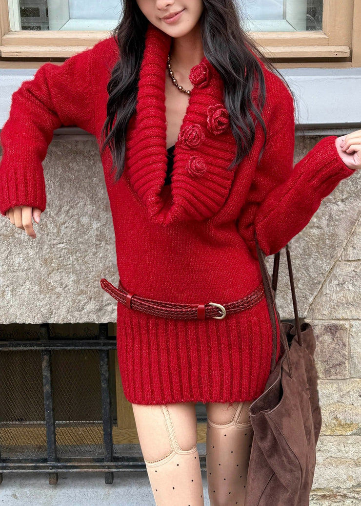Slim Fit Red Solid Floral Sashes Cotton Knit Mid Sweater Dress Fall