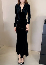 Slim Fit Red V Neck High Waist Silk Velvet Long Dress Winter