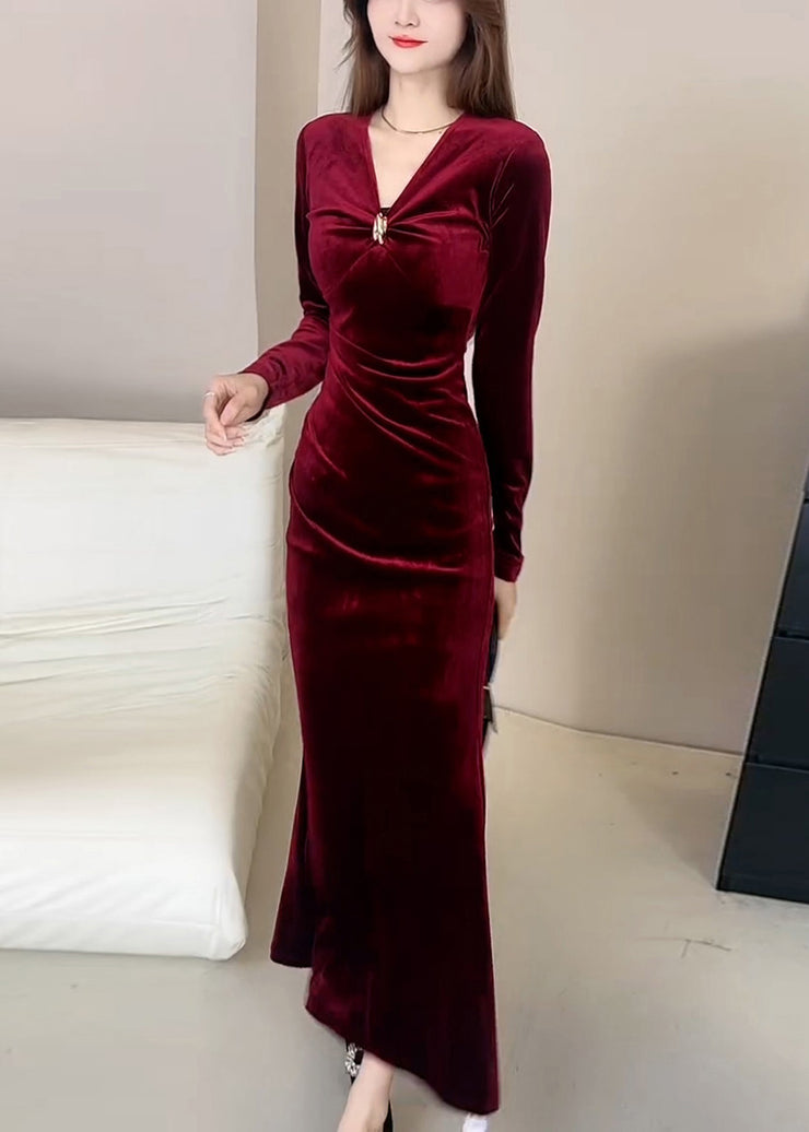 Slim Fit Red V Neck High Waist Silk Velvet Long Dress Winter