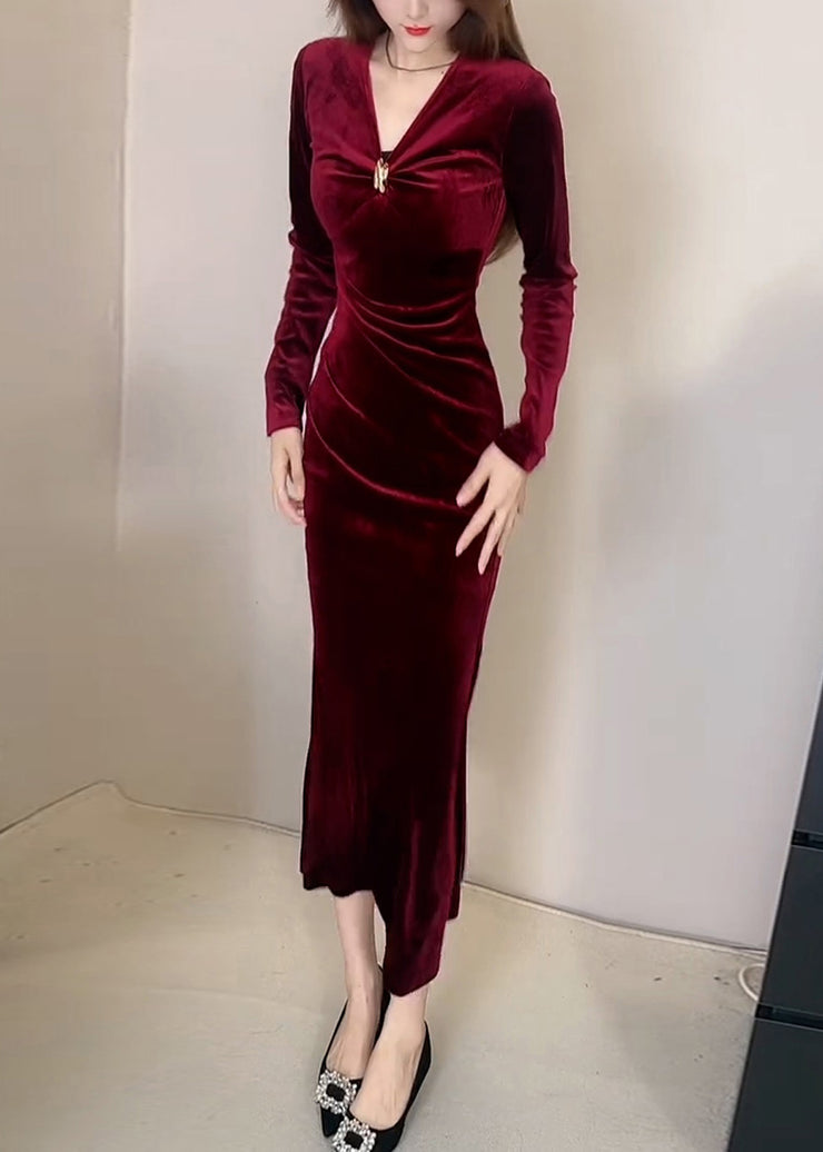 Slim Fit Red V Neck High Waist Silk Velvet Long Dress Winter