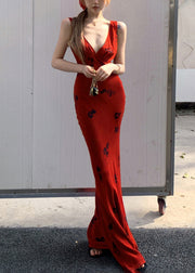 Slim Fit Red V Neck Print Lace Up Cotton Maxi Dresses Sleeveless